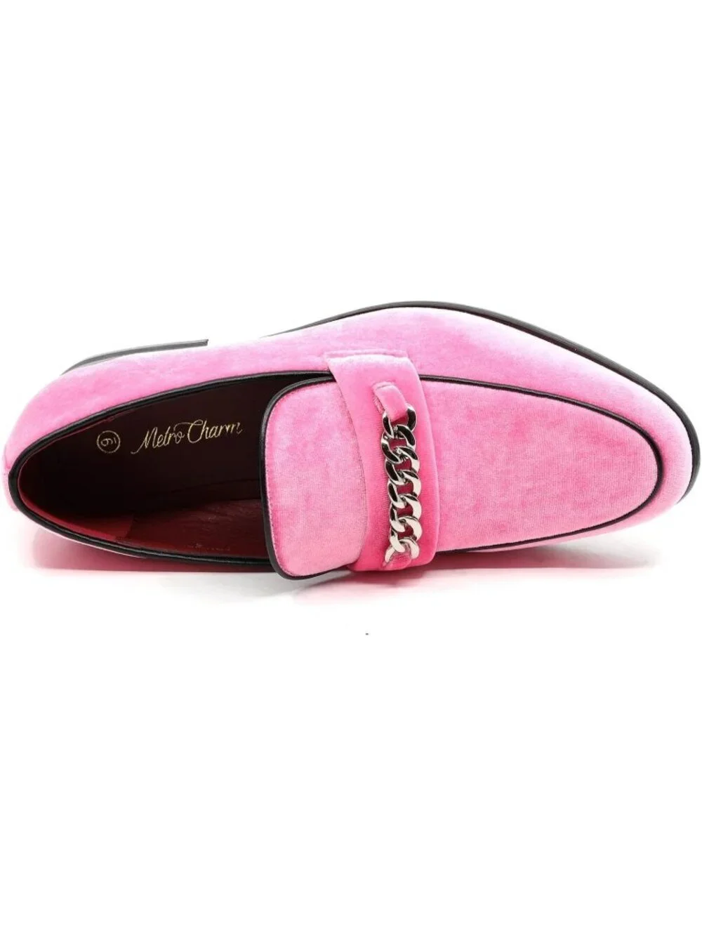 Metrocharm Men's Pink Vintage Velvet Loafers Gold Chain Buckle Slip On Shoes